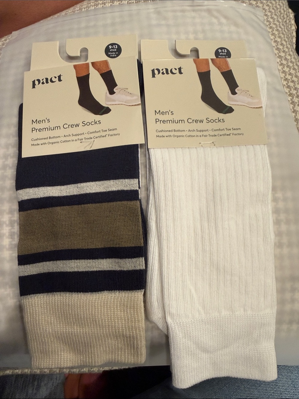 Pact Organic Cotton Blend Men's Crew Socks - White & Olive/Navy Stripes